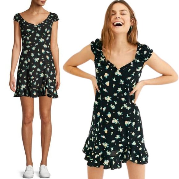 Free People Like a Lady Floral Mini Dress Women's Medium Black Boho Open Back - Picture 1 of 16